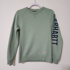 Carhartt Womens Fleece Graphic Sweatshirt Green Cotton Crew Neck #104410 Size XS